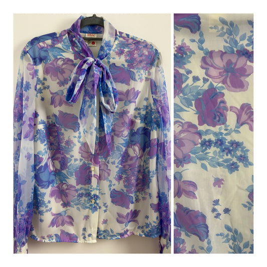 Vintage 1960s 1970s ST MICHAEL Size 14 White Purple & Blue Floral Nylon Pussy Bow Long Sleeve Shirt