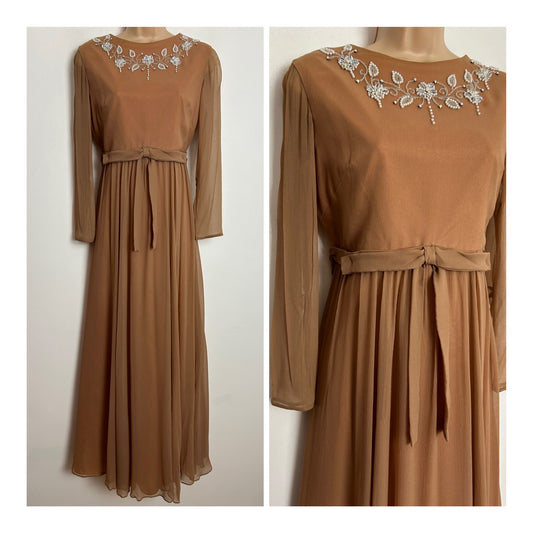 Vintage 1960s RICCI MICHAELS UK Size 10 Beautiful Caramel Silk Crepe Bead Embellished Evening Dress