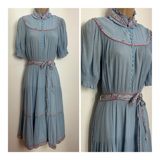 Vintage Late 1970s ELKONT Size 8 Pale Blue Cheesecloth Cotton Prairie Boho Midi Day Dress