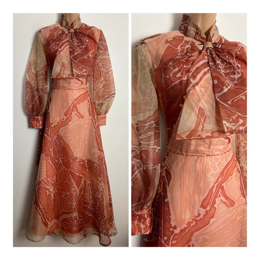 Vintage Early 1970s UK Size 8 Coral Tones Abstract Print Long Sleeve Pussy Bow Maxi Dress