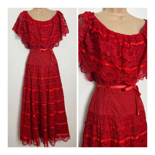 Vintage 1970s ROSA MEXICANO Size 10 Beautiul Red Cotton Pintuck & Lace Detail Mexican Maxi Dress