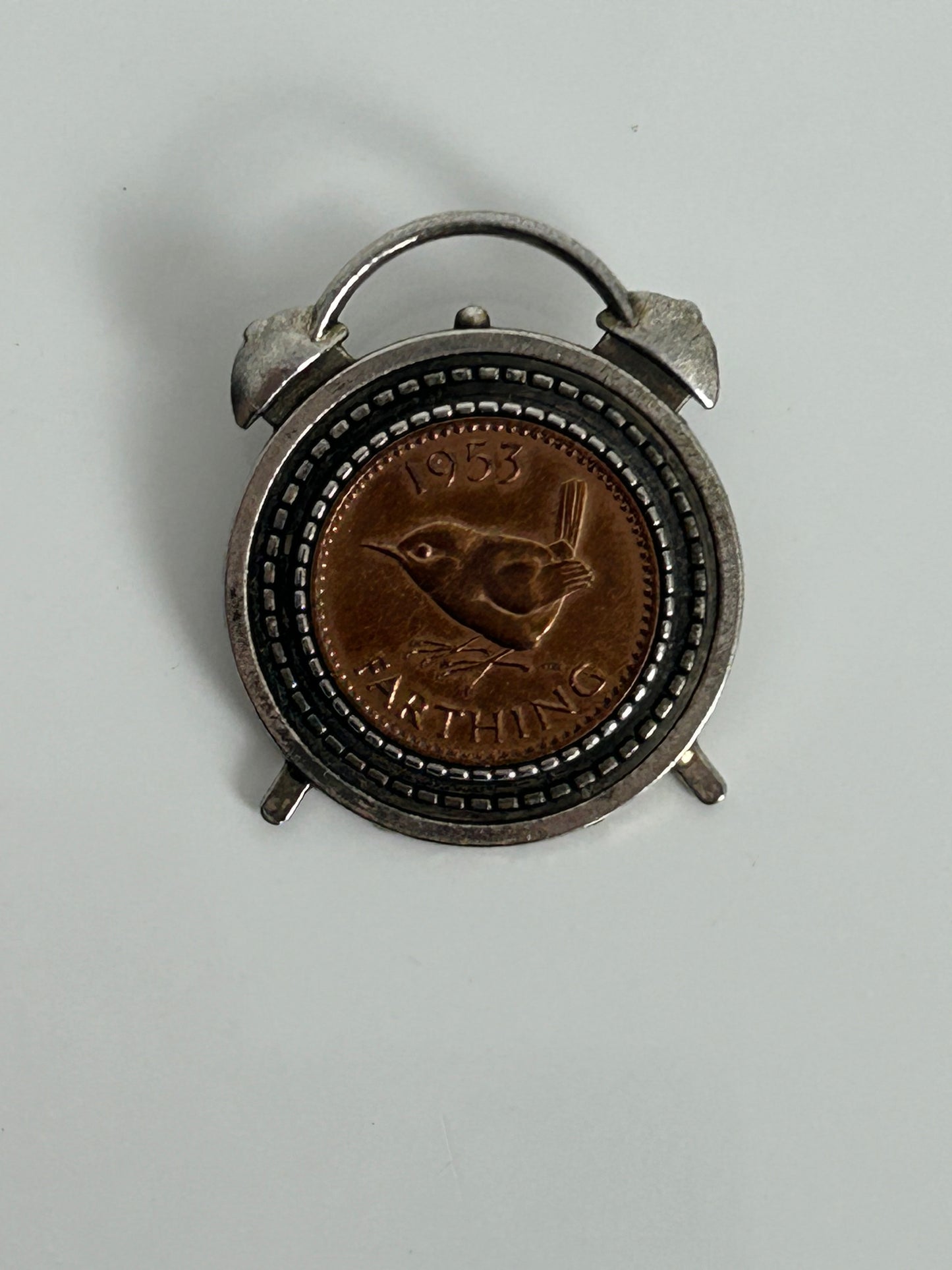 Vintage 1950s RARE Silver Tone 1953 Farthing Coin Set Clock Pin Brooch