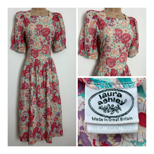 Vintage 1980s LAURA ASHLEY Size 8 (Size 10 On Label) Cream Dark Pink & Violet Floral Print Cotton Tea Dress