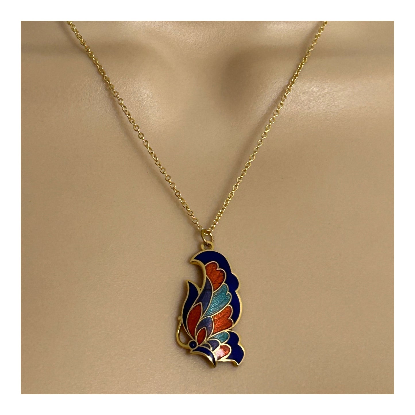 Vintage Gold Tone Cloisonne Enamel Butterfly Pendant & Necklace