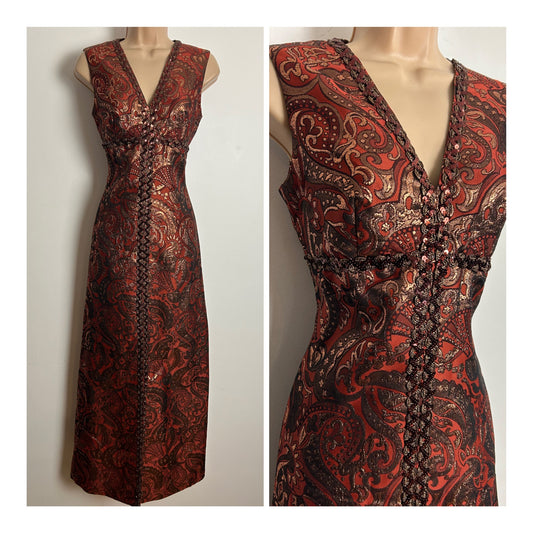 Vintage 1960s Size 8 Metallic Bronze Floral Brocade Braid & Sequin Trim Evening Occasion Maxi Dress