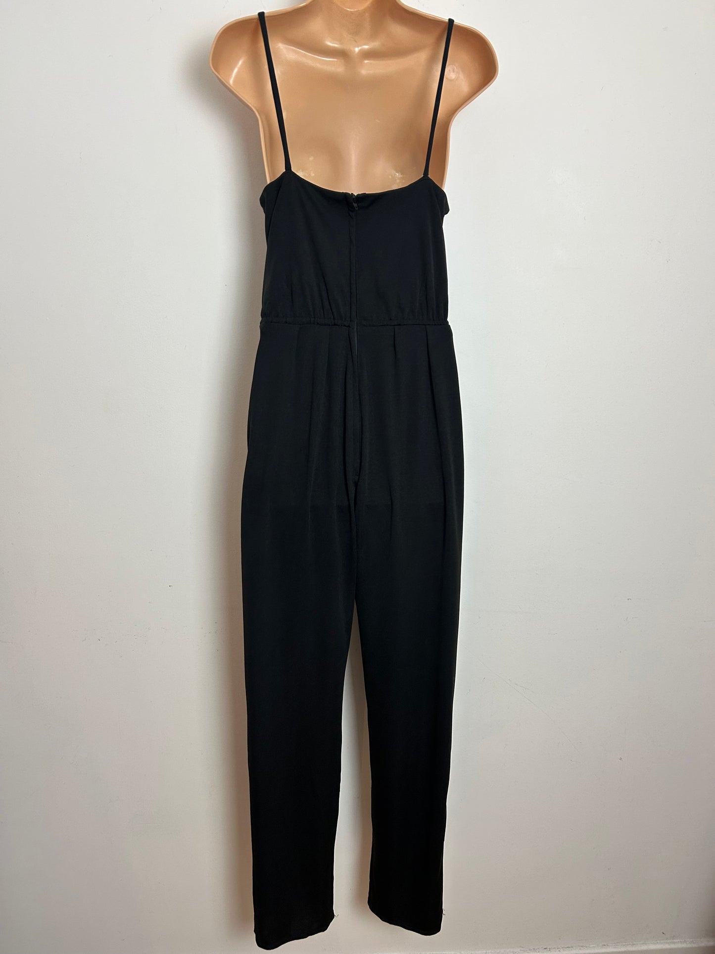 Vintage Late 1970s JOHN MARKS BY ANNE TYRELL Size 8-10 Black Mesh Panel Straight Leg Jumpsuit