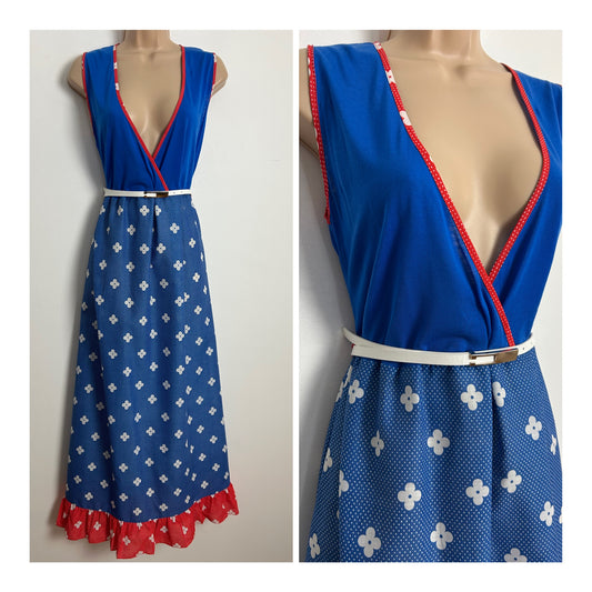 Vintage 1970s Size 10 Blue White & Red Polka Dot & Floral Print Plunge Neck Sleeveless Belted Maxi Dress