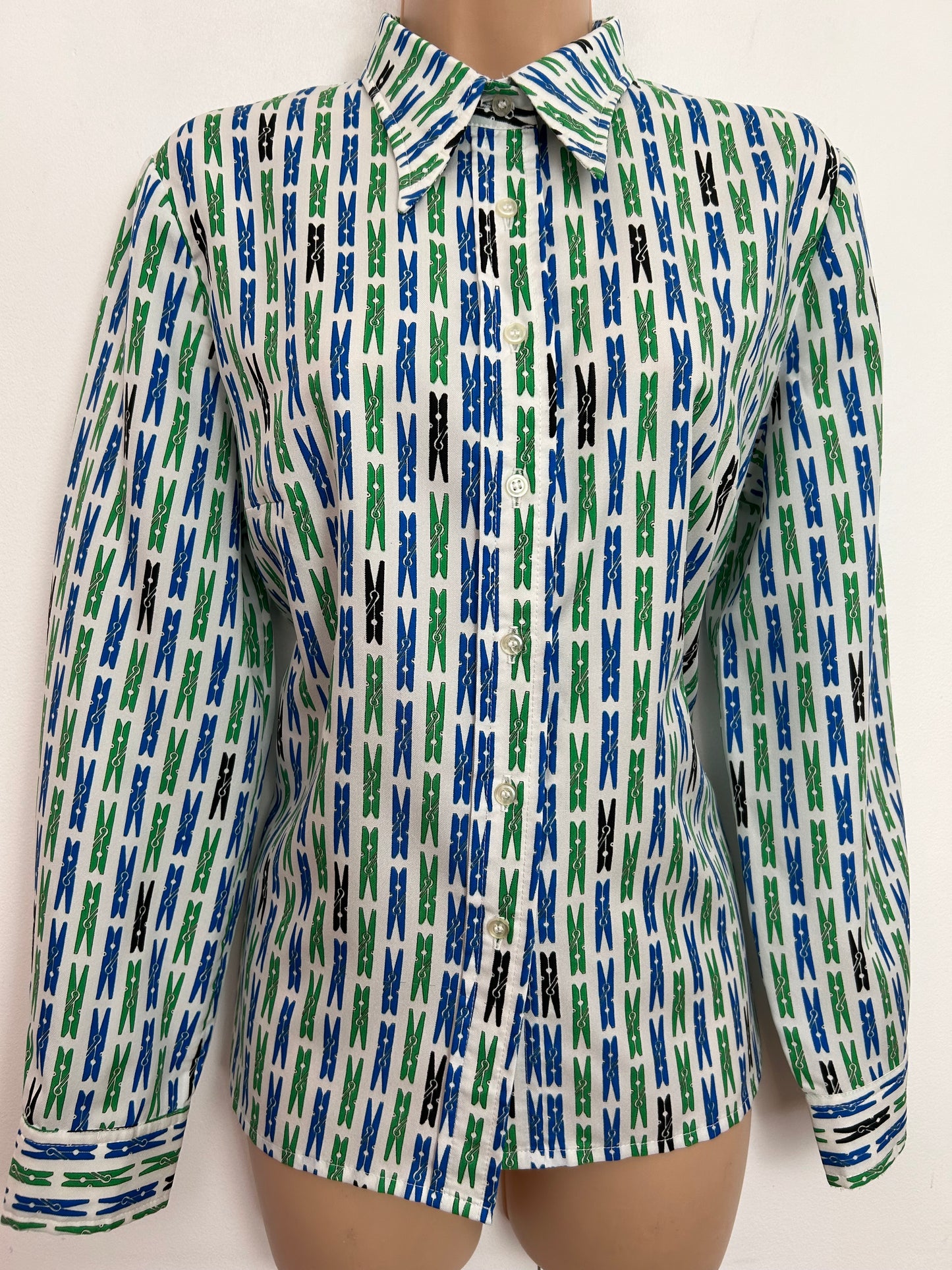 Vintage 1970s PAUL MAUSNER UK Size 14 White Blue Green & Black Peg Novelty Print Long Sleeve Shirt