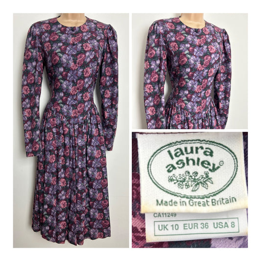 Vintage 1980s LAURA ASHLEY Size 8 (Size 10 On Label) Plum Purple & Mauve Floral Wool Mix May Dress