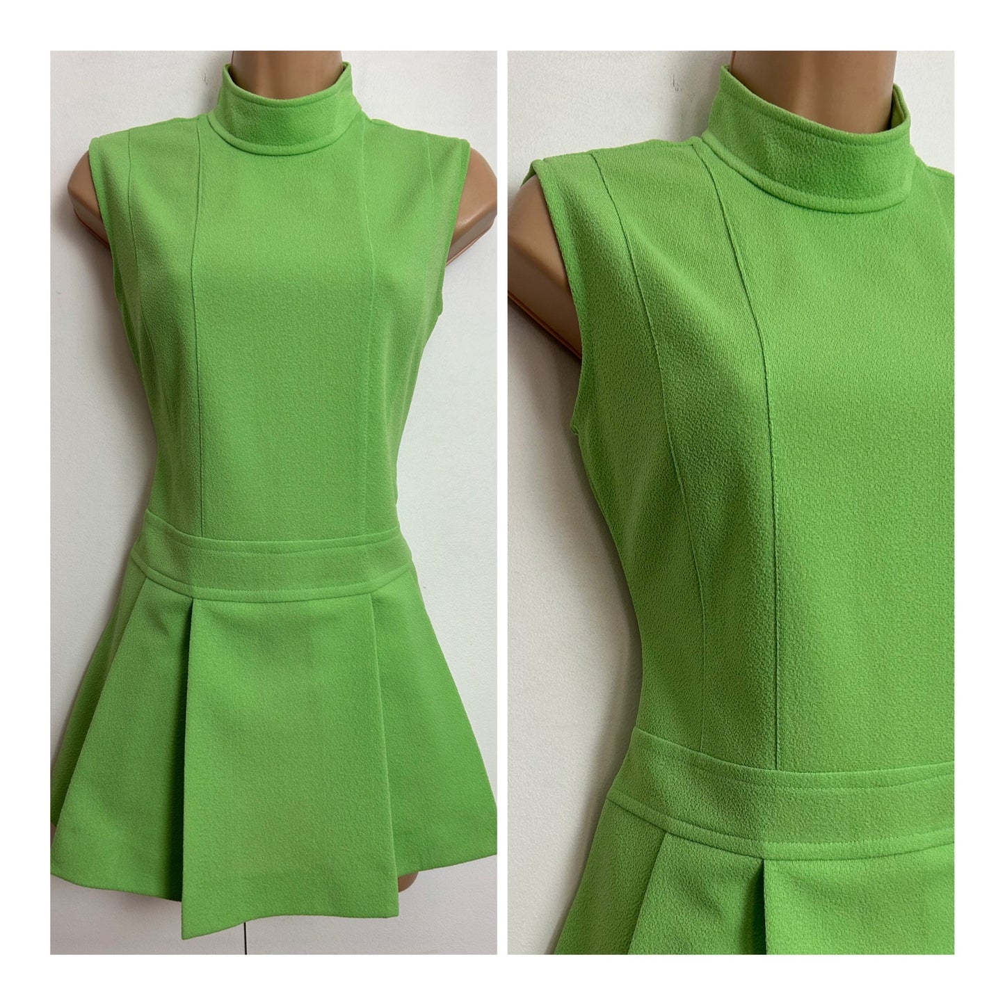 Vintage 1960s UK Size 8-10 Lime Green Crimplene Sleeveless Pleated Mod Micro Mini Dress