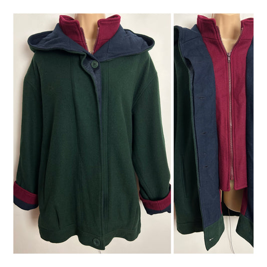 Vintage 1980s HERMAN KAY PETITES Up To Size 14-16 Dark Green Red & Navy Wool Blend Hooded Jacket