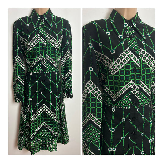 Vintage 1970s Size 12 Dark Green Geo Print Long Sleeve Pleated Mod Day Dress