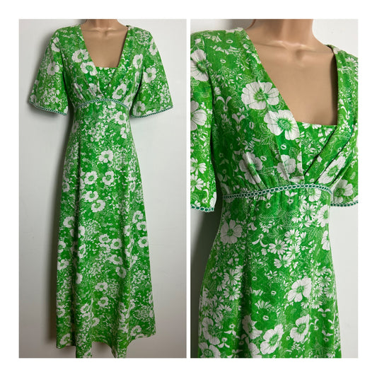 Vintage 1970s Berkertex Size 10 Green & White Floral Print 100% Cotton Short Sleeve Maxi Dress