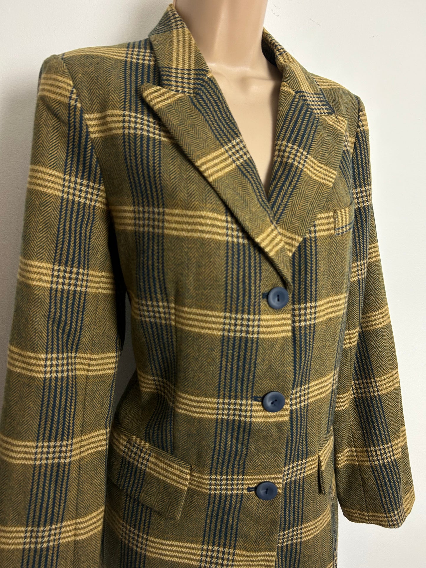 Vintage 1990s DANIEL RAINN Size S (10-12) Dark Beige & Navy Blue Check Print Wool Mix Blazer