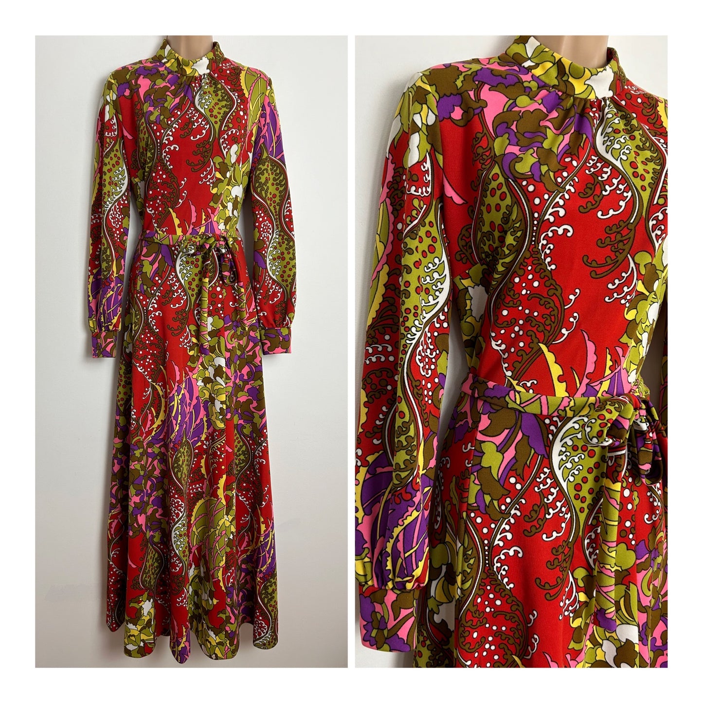 Vintage 1970s UK Size 10 STUNNING Red Green Pink & Purple Nouveau Inspired Long Sleeve Belted Maxi Dress