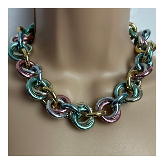 Vintage 90s Pastel Colours Metal Chunky Chain Choker Necklace