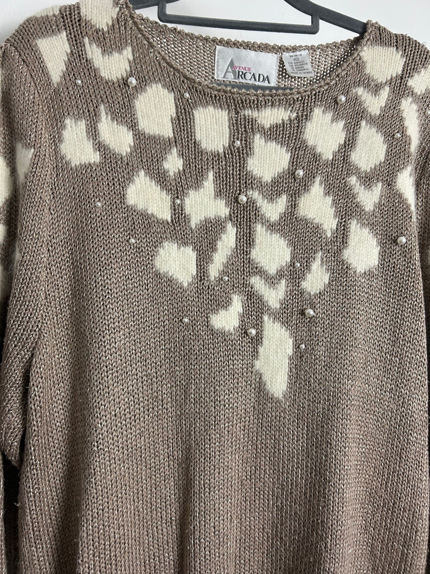 Vintage 1980s ARCADIA AVENUE Up To Size 14/16 Light Brown & Cream Animal Print Bead Detail Jumper