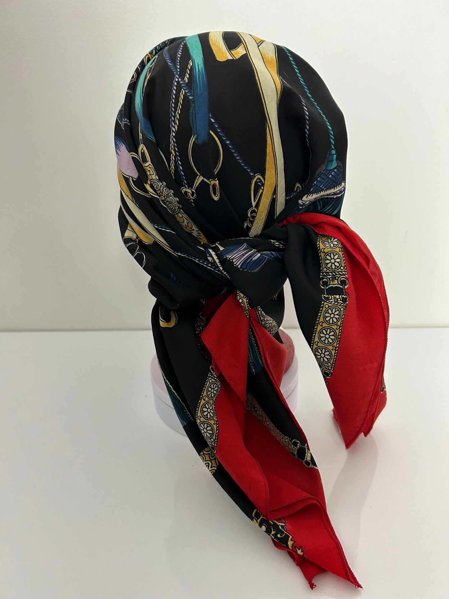 Vintage MOVITEX Navy Blue & Red Chain & Fob Print Large Scarf 87cm x 84cm