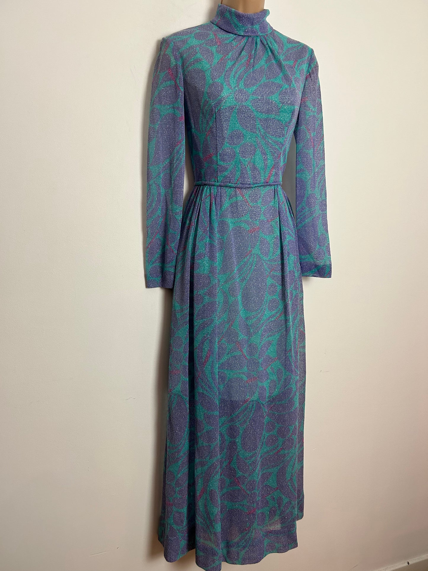 Vintage Late 1960s DONERICA MAYFAIR UK Size 8 Blue & Lilac Sparkly Lurex Occasion Evening Maxi Dress