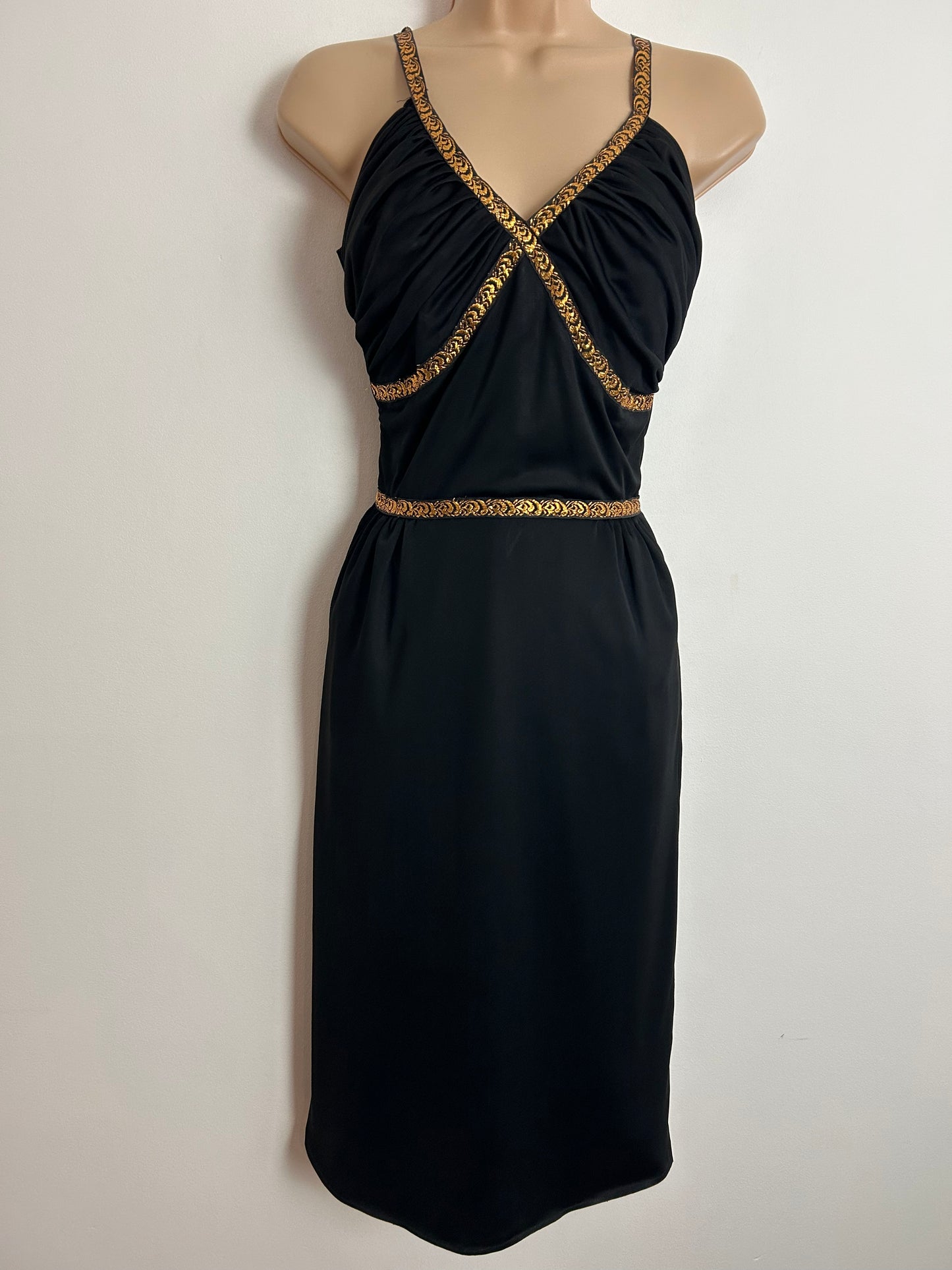 Vintage Early 1960s BLANES LONDON UK Size 6 Black & Metallic Gold Braid Trim Ruched Bust Little Black Party Dress