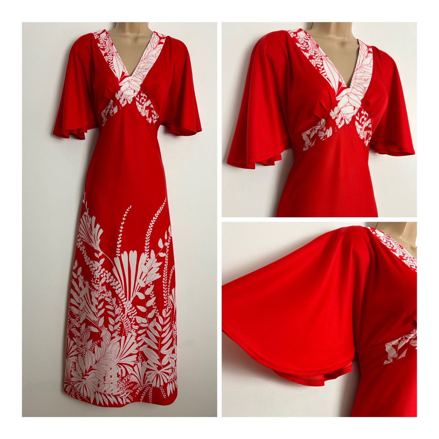 Vintage 1970s TIFFANY UK Size 8 Red & White Leaf Print Flared Short Sleeve Boho Maxi Dress