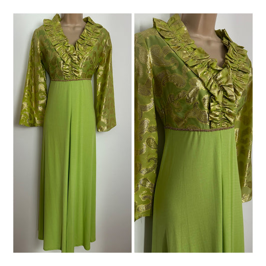 Vintage Early 1970s Size 10 Green & Gold Jacquard Paisley Bodice Ruffle Neck Occasion Maxi Dress