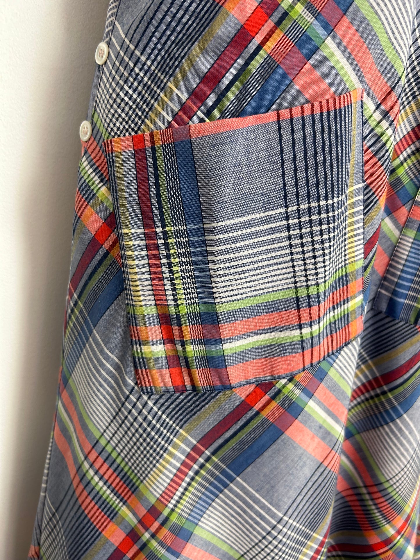 Vintage 1970s BETTY BARCLAY UK Size 6 Blue Red & Green Check Print Cotton Pocket Detail Tie Side Summer Day Dress