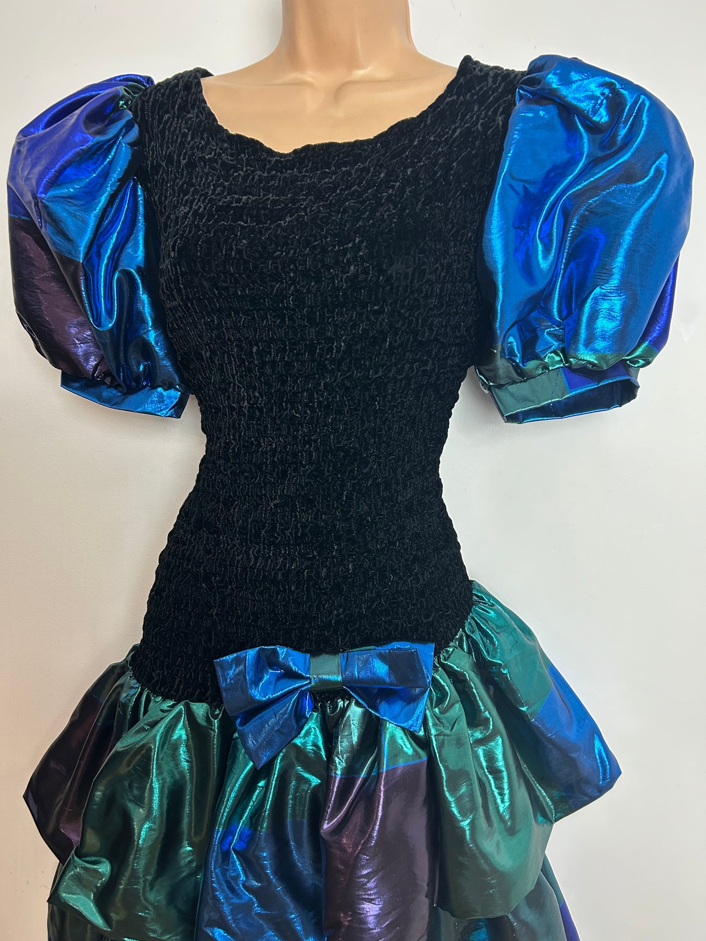 Vintage 1980s CHOU CHOU Size 10-12 Black Blue Green & Purple Velour & Taffeta Party Prom Dress
