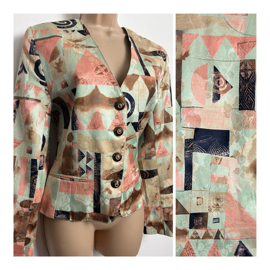 Vintage 1980s ENDORA Size 10 Duck Egg Blue Coral & Brown Abstract Print Blazer