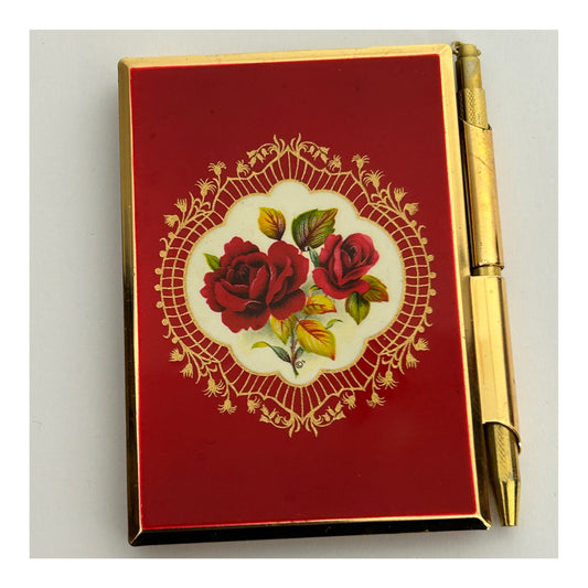 Vintage STRATTON Gold & Red Floral Rose Pocket Notepad Holder & Pen (Please Read)