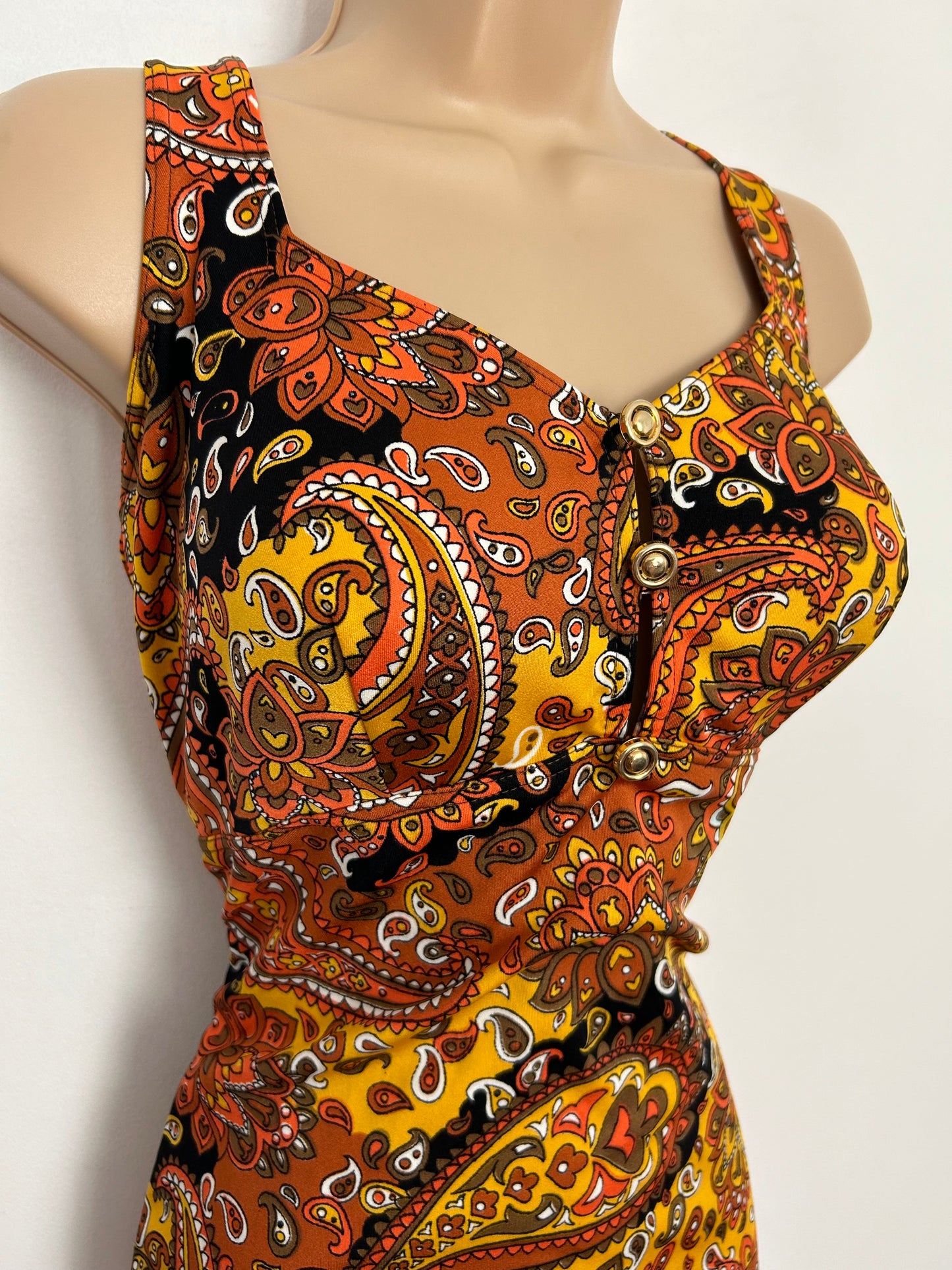Vintage 1960s UK Size 16 Brown Orange & Yellow Floral & Paisley Print Swimsuit Bathing Costume