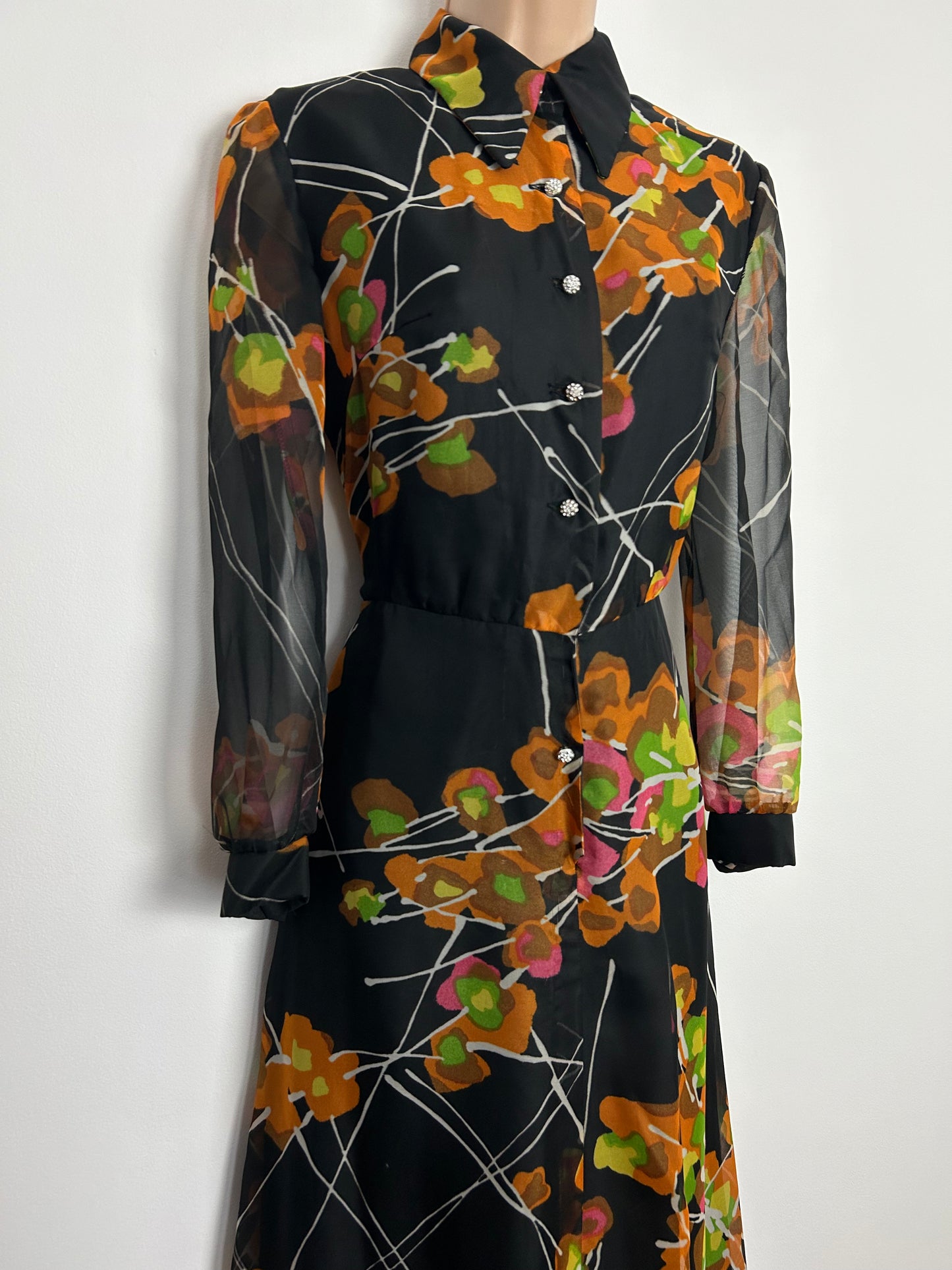 Vintage 1970s UK Size 10 Black Orange & Green Floral Print Long Sleeve Boho Maxi Dress by Verena Modelle