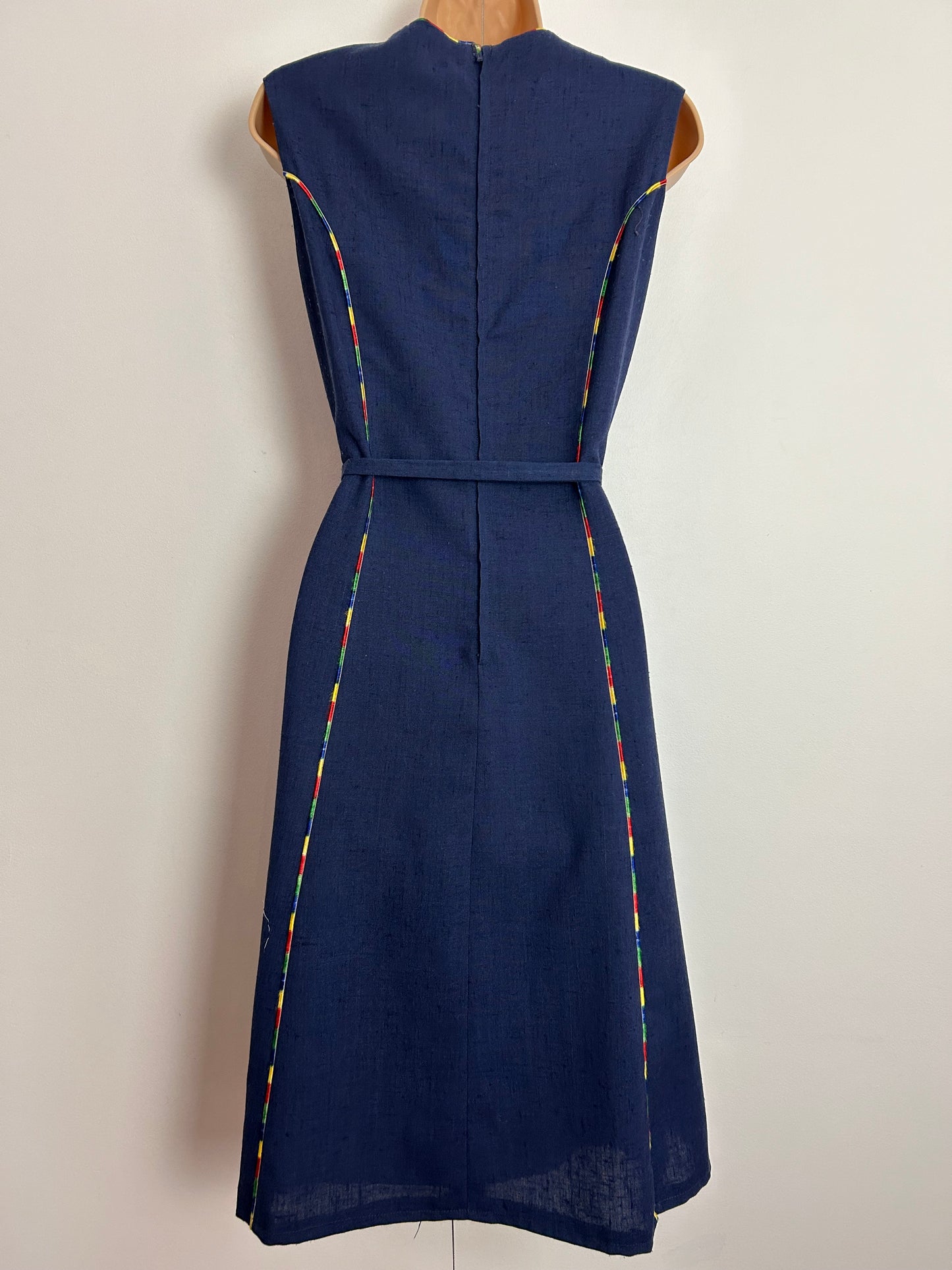 Vintage 1970s MARISA By KITTY COPELAND UK Size 10 Navy Blue Rainbow Thread Braid Trim Belted Sleeveless Dress