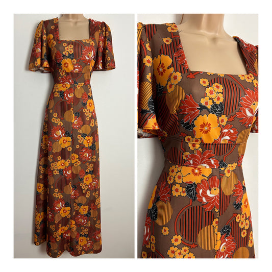 Vintage 1970s UK Size 8 Mocha Brown Orange & Yellow Floral & Stripe Print Shirt Flared Sleeve Boho Maxi Dress