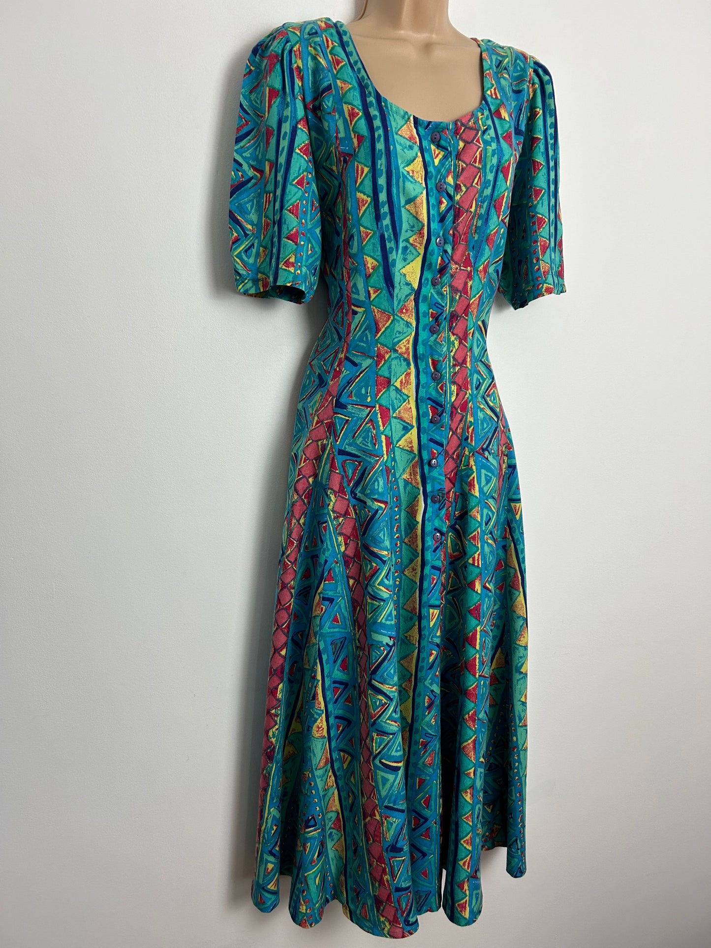 Vintage 1980s ADINI UK Size 10-12 (M) Blue Green Red & Yellow Abstract Geo Print Short Sleeve Flared Midi Dress