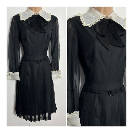 Vintage Early 1970s UK Size 8-10 Black & White Collar & Cuffs Lace Trim Belted Pleated Dress