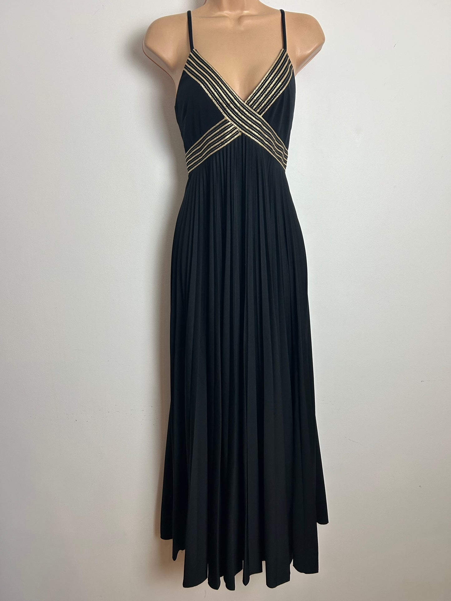 Vintage 1970s YVETTE Size 6-8 Black & Gold Braid Trim Pleated Empire Line Evening Maxi Dress