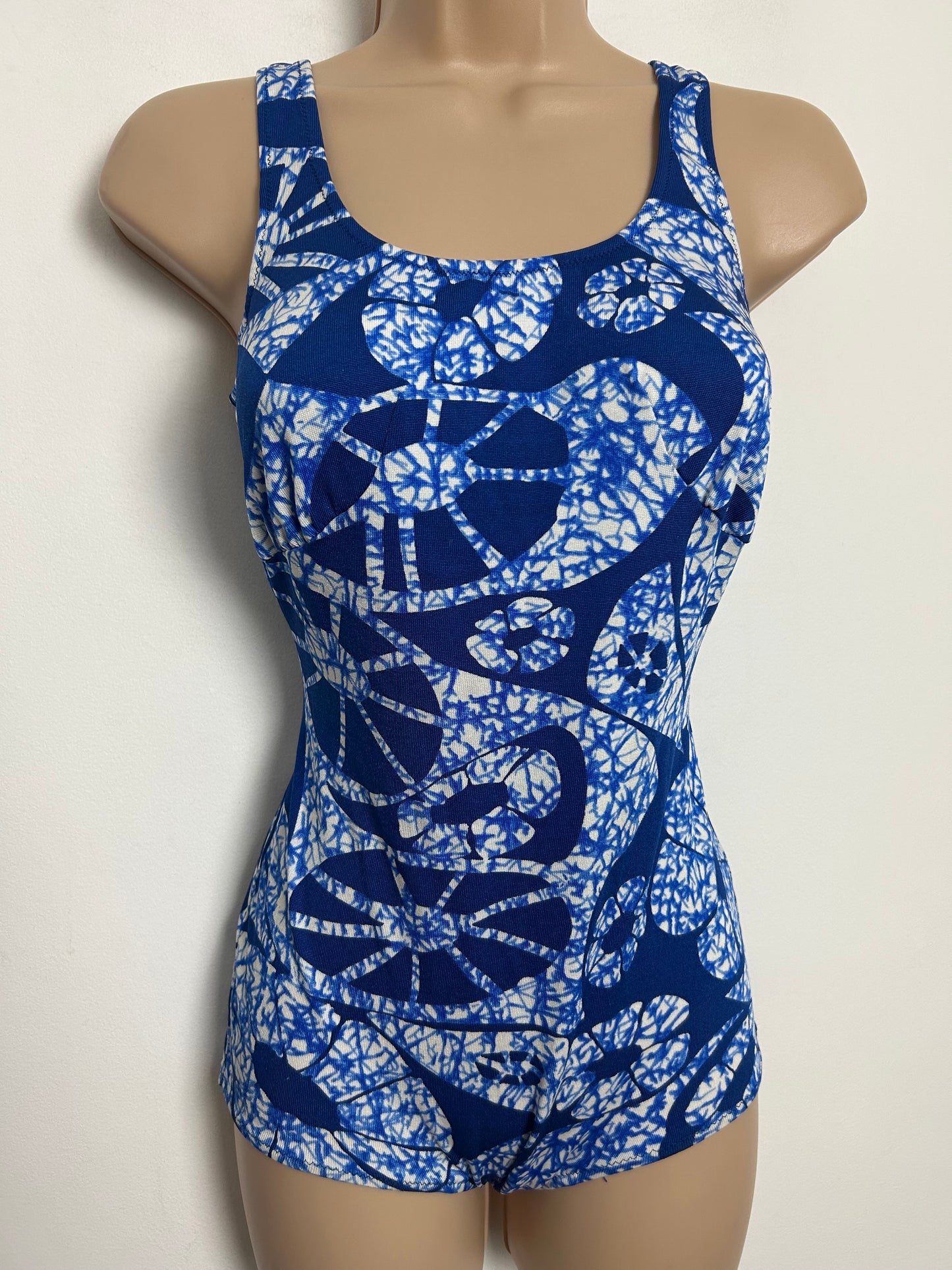 Vintage 1960s FELINA BOUTIQUE Size 12 Blue & White Abstract Print Swimsuit