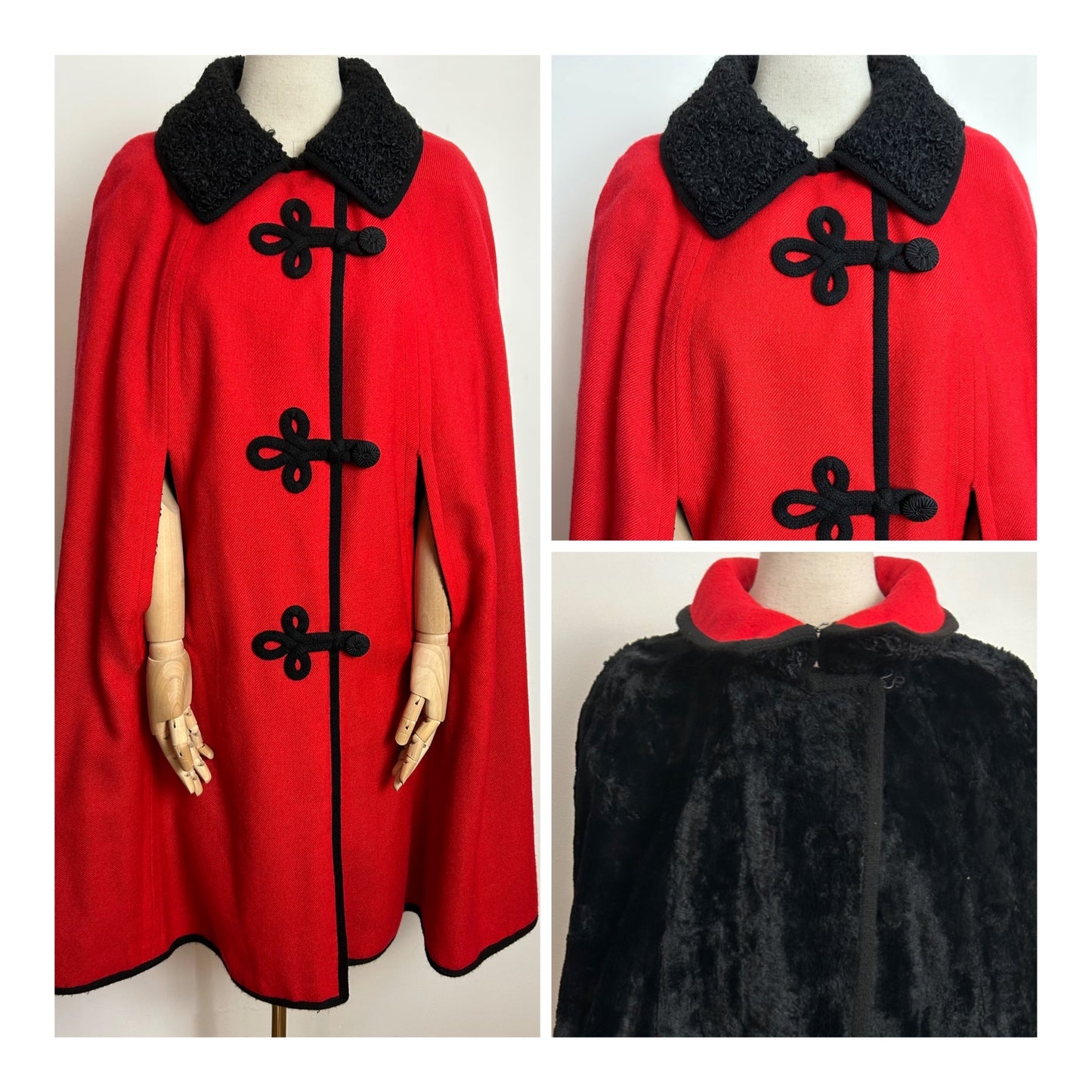 Vintage 1960s Amazing Quality Up To Size 12 BEAUTIFUL Red Wool & Velvet Reversible Cape Coat