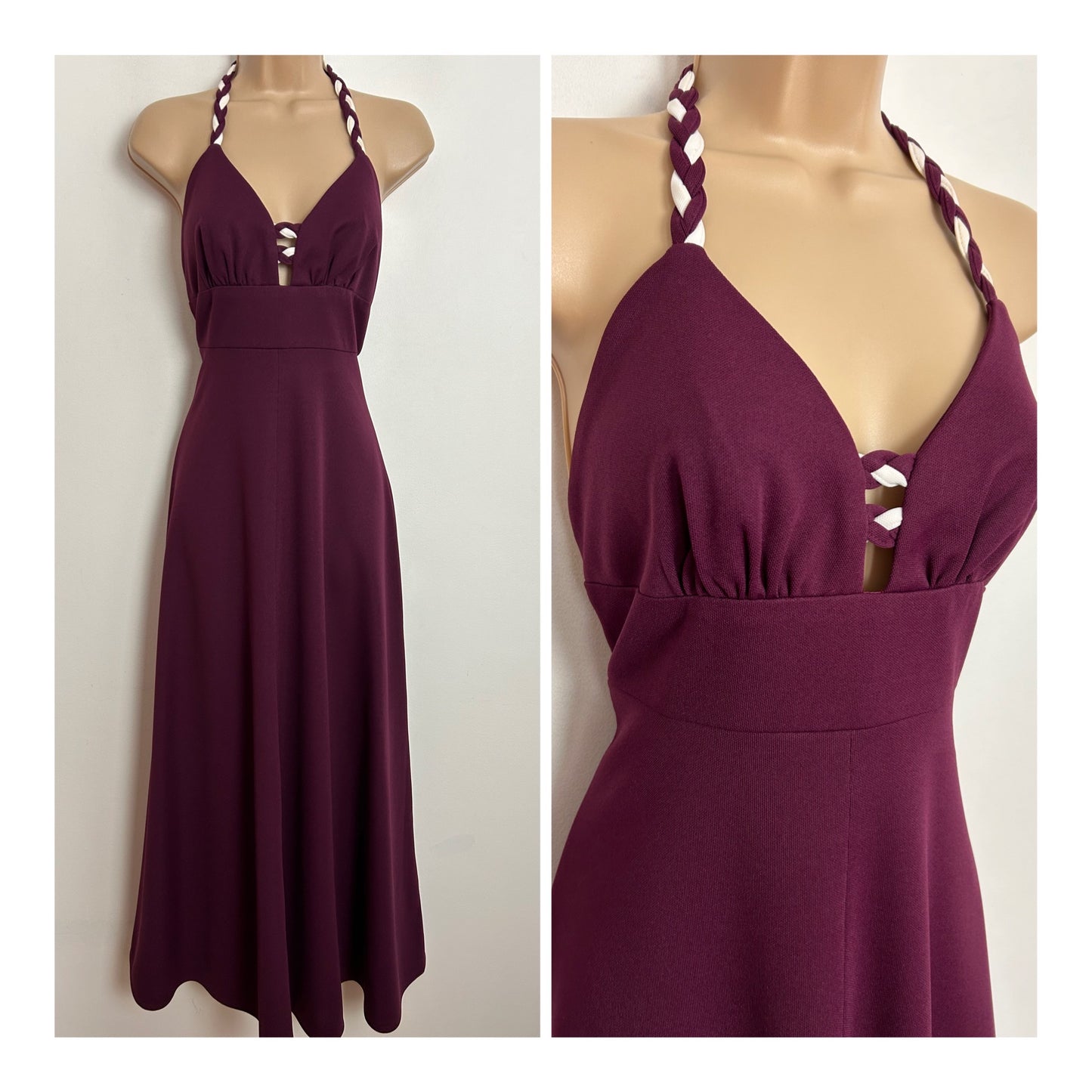 Vintage 1970s UK Size 8 PEGGY PAGE Plum Purple Plaited Halterneck Open Back Plunge Neck Summer Maxi Dress