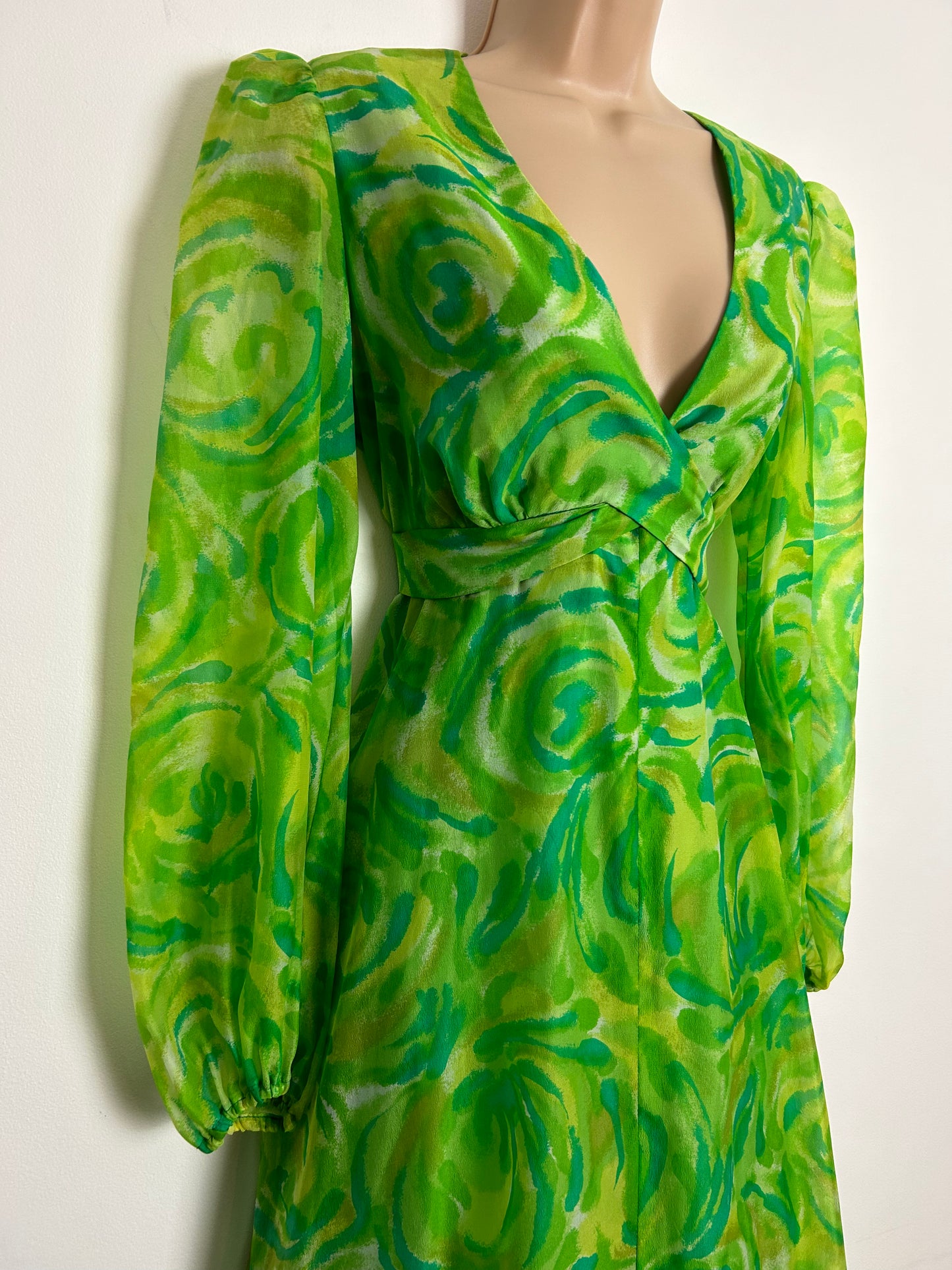 Vintage 1970s UK Size 12 Green Tones Abstract Print Wrap Tie Waist Long Sleeve Maxi Dress