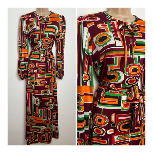 Vintage 1970s DEADSTOCK DEBENHAMS Size 10-12 Maroon Orange Green & White Abstract Psychedelic Print Belted Maxi Dress
