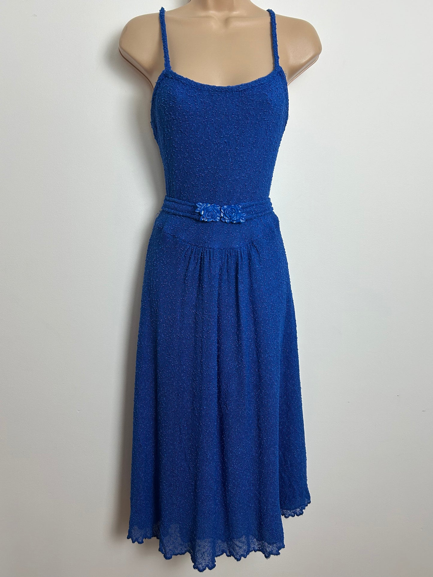 Vintage Late 1970s Size 10-12 Royal Blue Flower Buckle Strappy Summer Day Dress