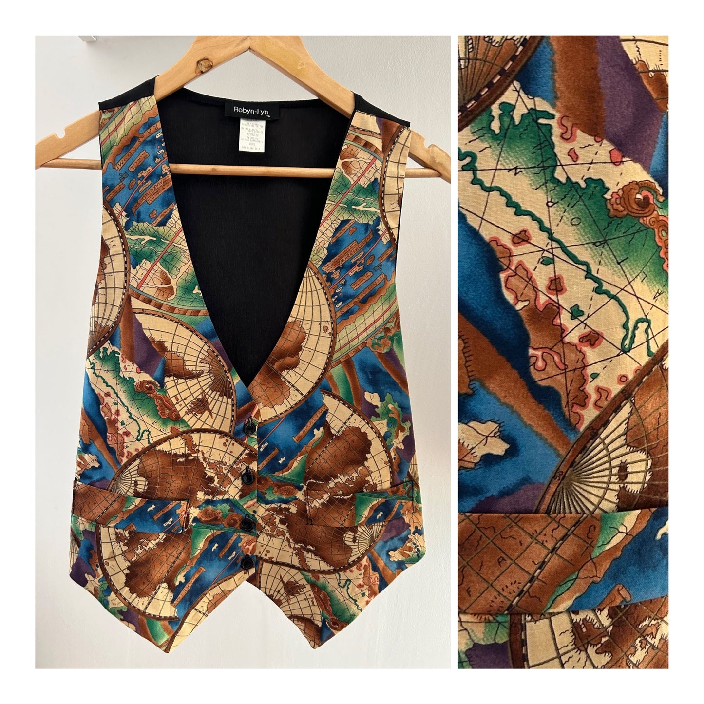 Vintage 1990s ROBYN-LYN UK Size 10 (USA Small) Fab Novelty Print Maps Print Vest Waistcoat