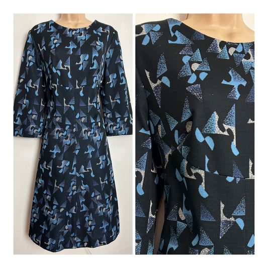 Vintage 1960s UK Size 14-16 Black Blue & Silver Abstract Print Short Sleeve Mod Shift Dress
