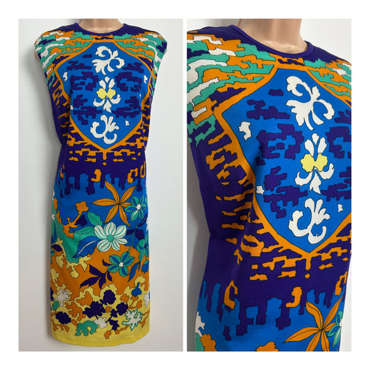 Vintage 1970s SPORTING DRESS Size 16 Purple Yellow & Pink Abstract Print Mod Shift Dress
