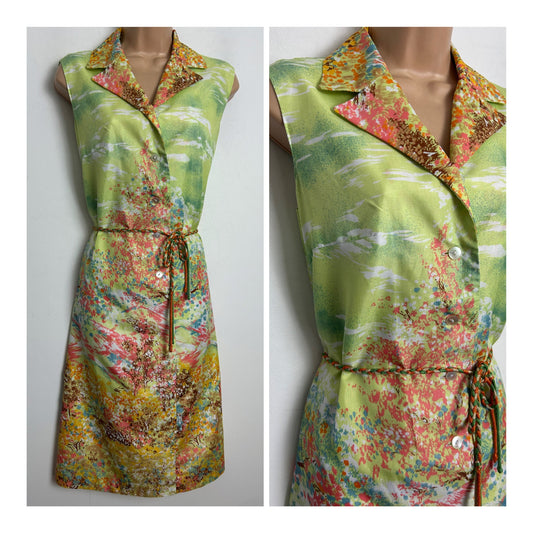 Vintage 1970s Size 12 Green Pink Orange & Brown Abstract Mountains & Tree Print Country Scene Belted Summer Mod Dress