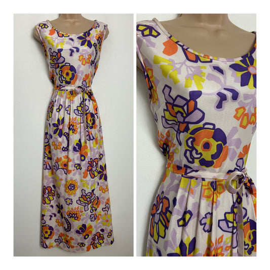 Vintage 1970s Size 10-12 White Orange Yellow & Purple Abstract Floral Print Belted Pleated Maxi Dress