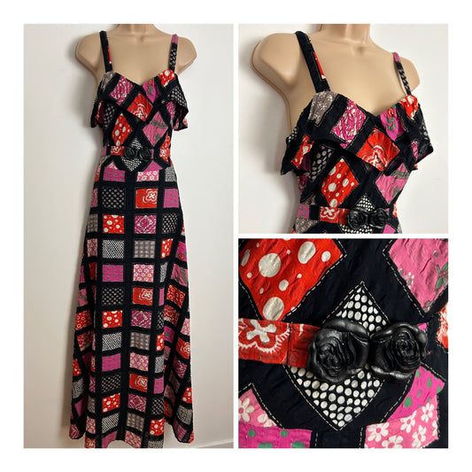 Vintage 1970s VERA MONT PARIS Size 10 Black Pink & Red Patchwork Print Belted Cotton Maxi Dress
