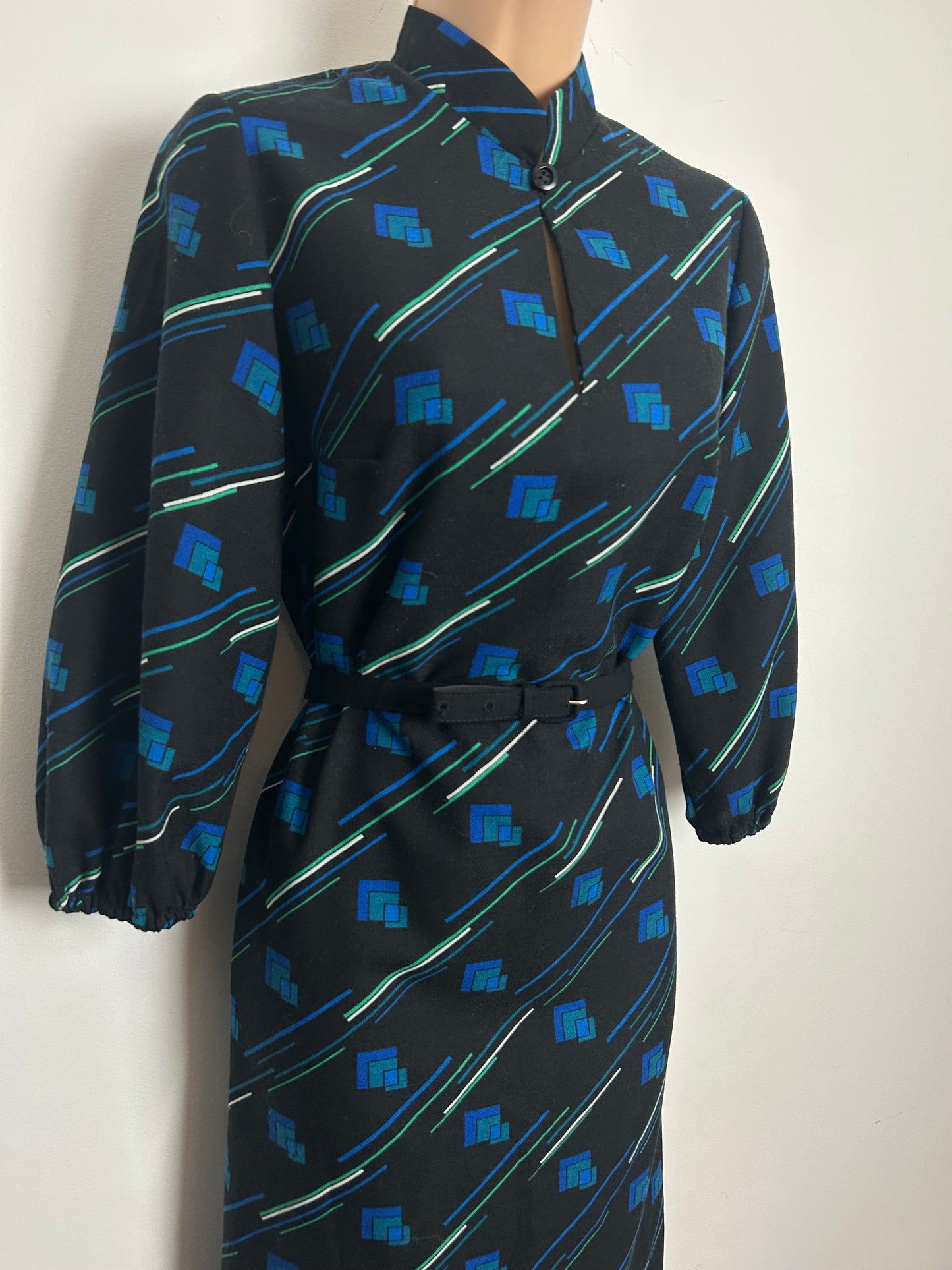 Vintage 1970s Size 12-14 Black Blue & Green Geo & Stripe Print Long Sleeve Belted Day Dress